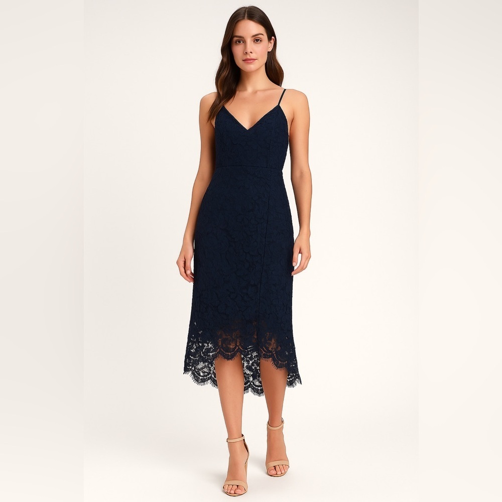 Lulu's Navy Lace Midi Dress with Spaghetti Straps